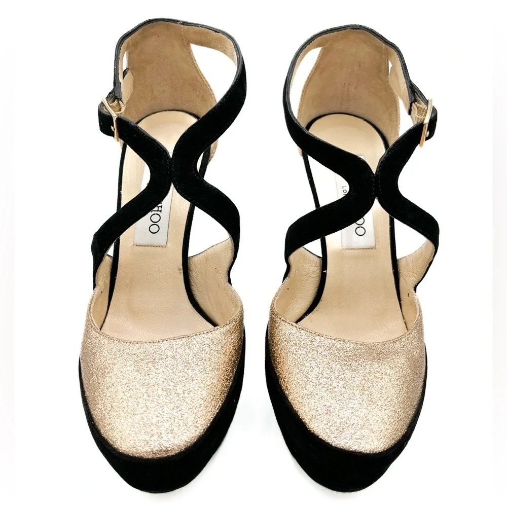 Jimmy Choo Tulip Glitter-Suede Criss Cross Platform Stiletto Heel Pumps - Picture 4 of 9